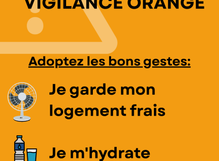 Alerte canicule - vigilance orange Adoptez les bons gestes: Je garde mon logement frais Je m'hydrate Je limite mes sorties