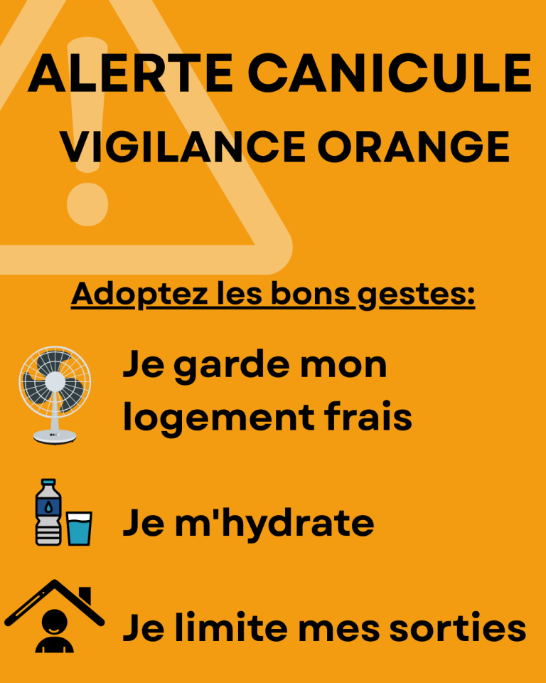 Alerte canicule - vigilance orange Adoptez les bons gestes: Je garde mon logement frais Je m'hydrate Je limite mes sorties