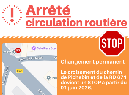Arrêté de circulation routière! Changement permanent, image du plan du croisement à côté de la salle Pierre Bosc