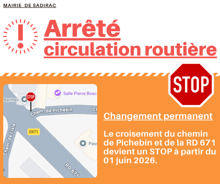 Arrêté de circulation routière! Changement permanent, image du plan du croisement à côté de la salle Pierre Bosc